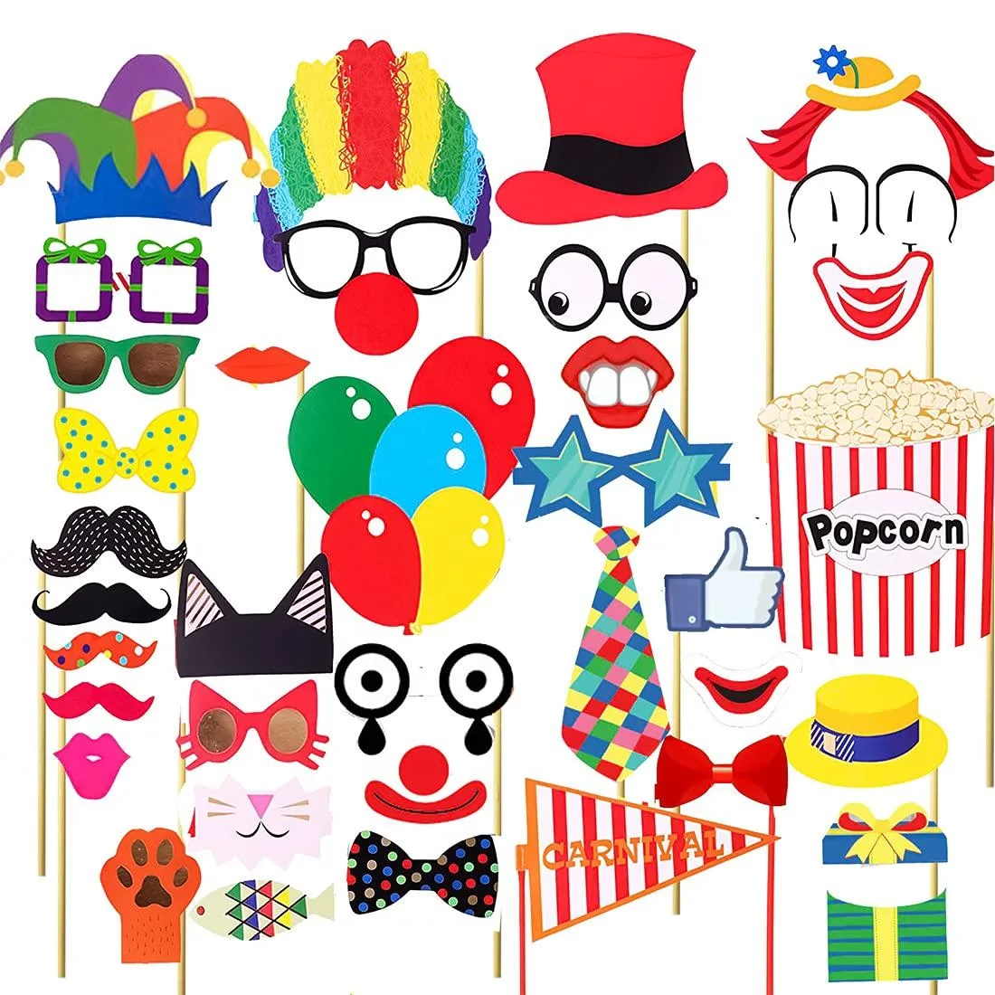 Roll of 36 circus-themed card-stock photo props on bamboo sticks, pink and natural finish