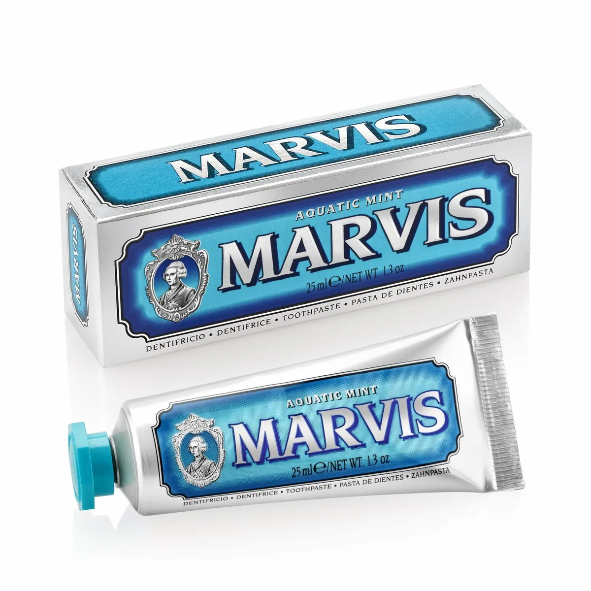 Small rectangular white tube with silver cap and blue text 1.3 oz