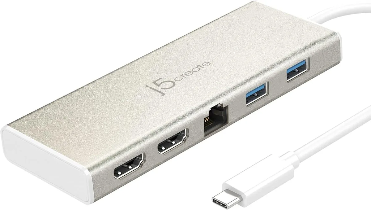 j5create j5create USB-C Mini Dock 2×HDMI 2×USB 3.0 Ethernet PD 2.0 — product photo