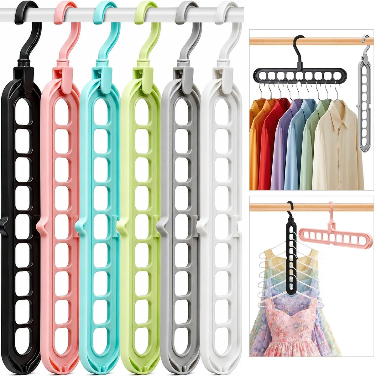 Six multicoloured plastic hangers, each with nine holes and a rotating hook
