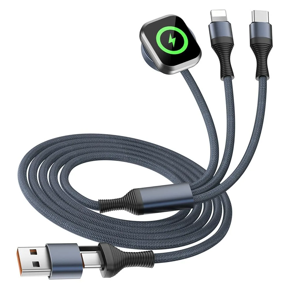 Grey and black braided 4ft multi cable with USB-C, USB-A, micro-USB and watch charger tips