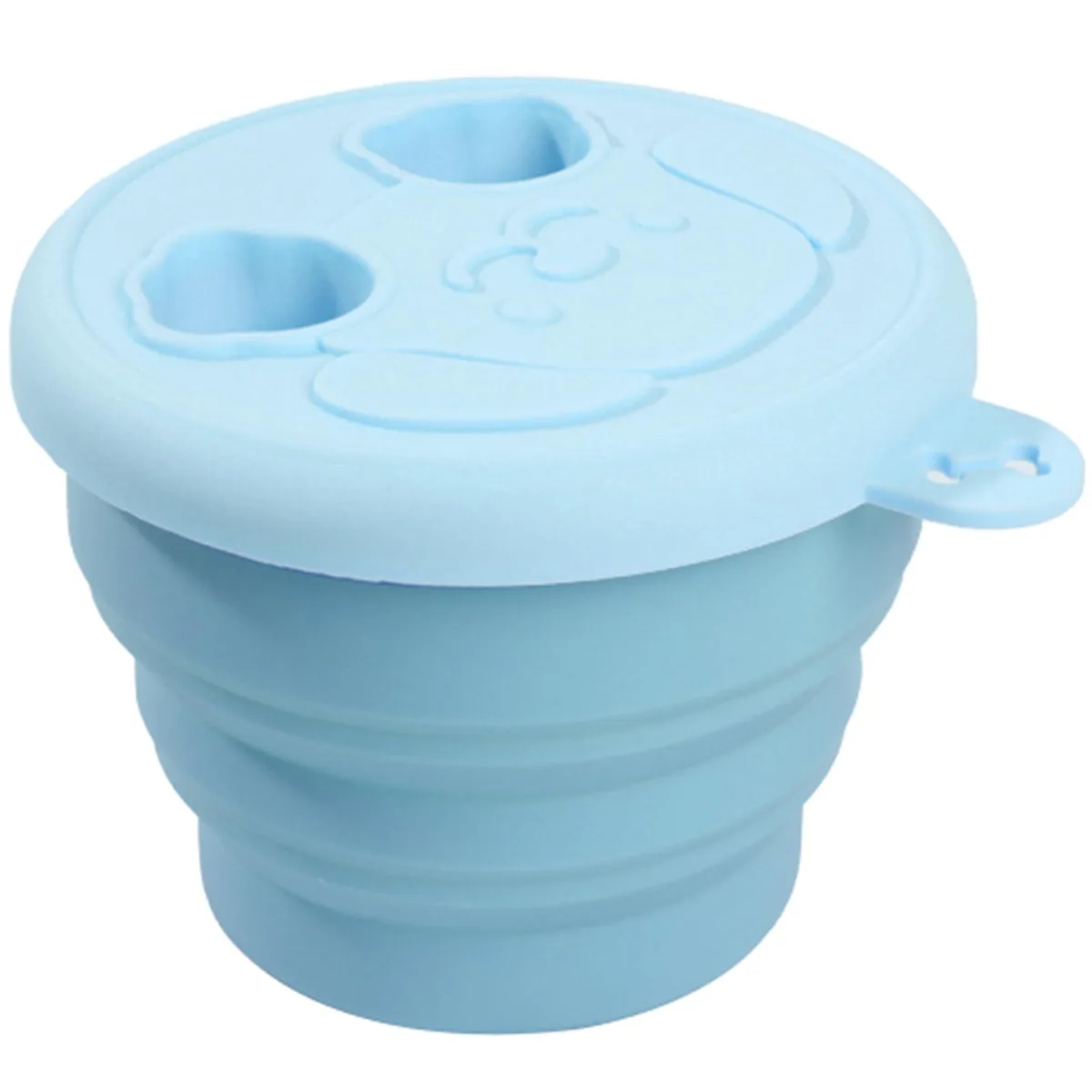 Red collapsible silicone snack cup with fingertip cover and lid