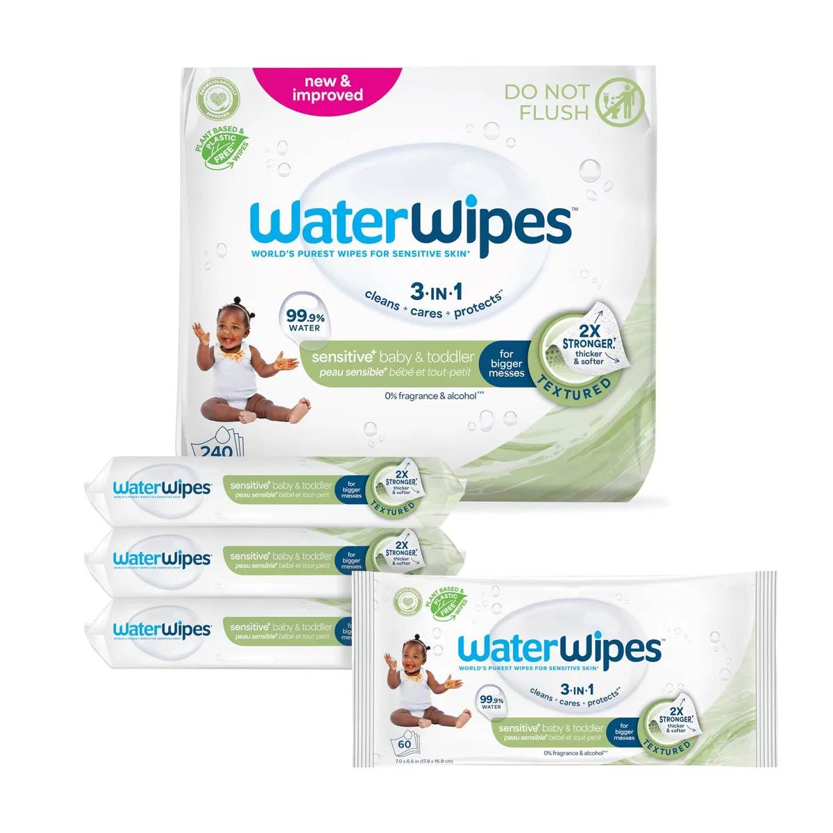 Four rectangular packs of unscented baby wipes with textured surface, 60-count each, plastic packaging with flip-top lids