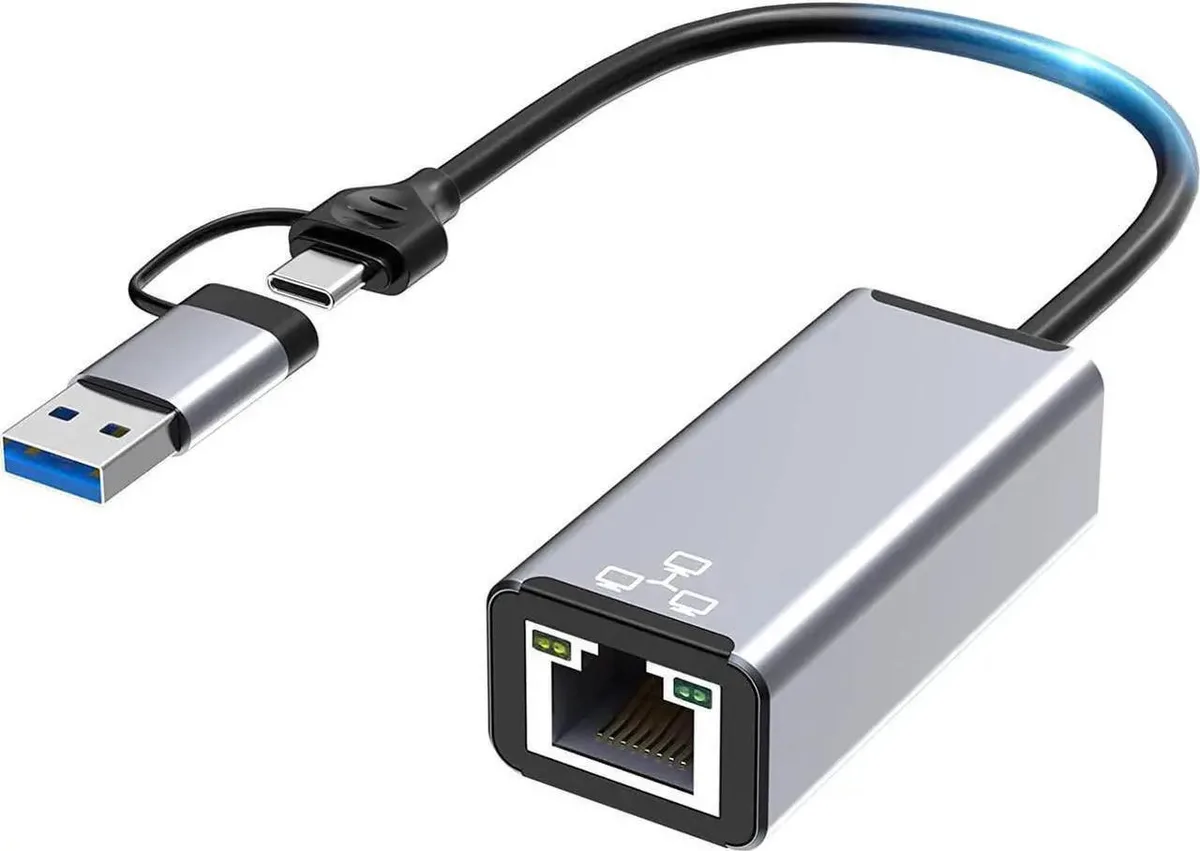 Compact USB-A and USB-C dongle with RJ45 port, aluminium finish