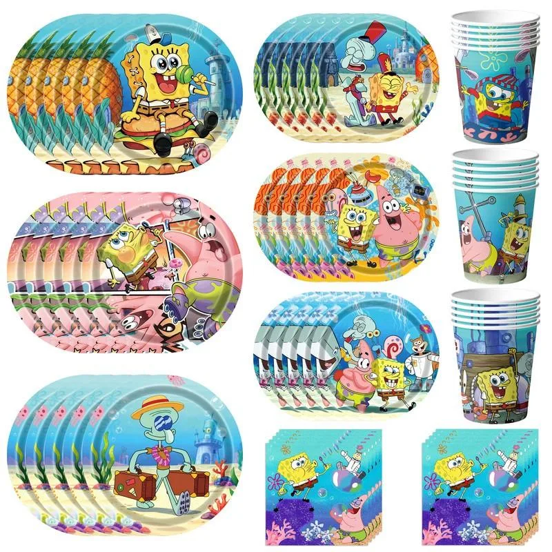 120-piece SpongeBob paper dinnerware set with plates, cups and napkins