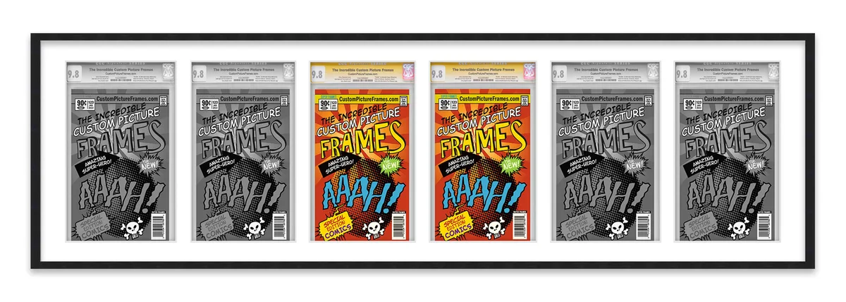 CustomPictureFrames.com CustomPictureFrames.com 6 Comic Book Frame Black Collage 51x14 White Mat UV Acrylic — product photo