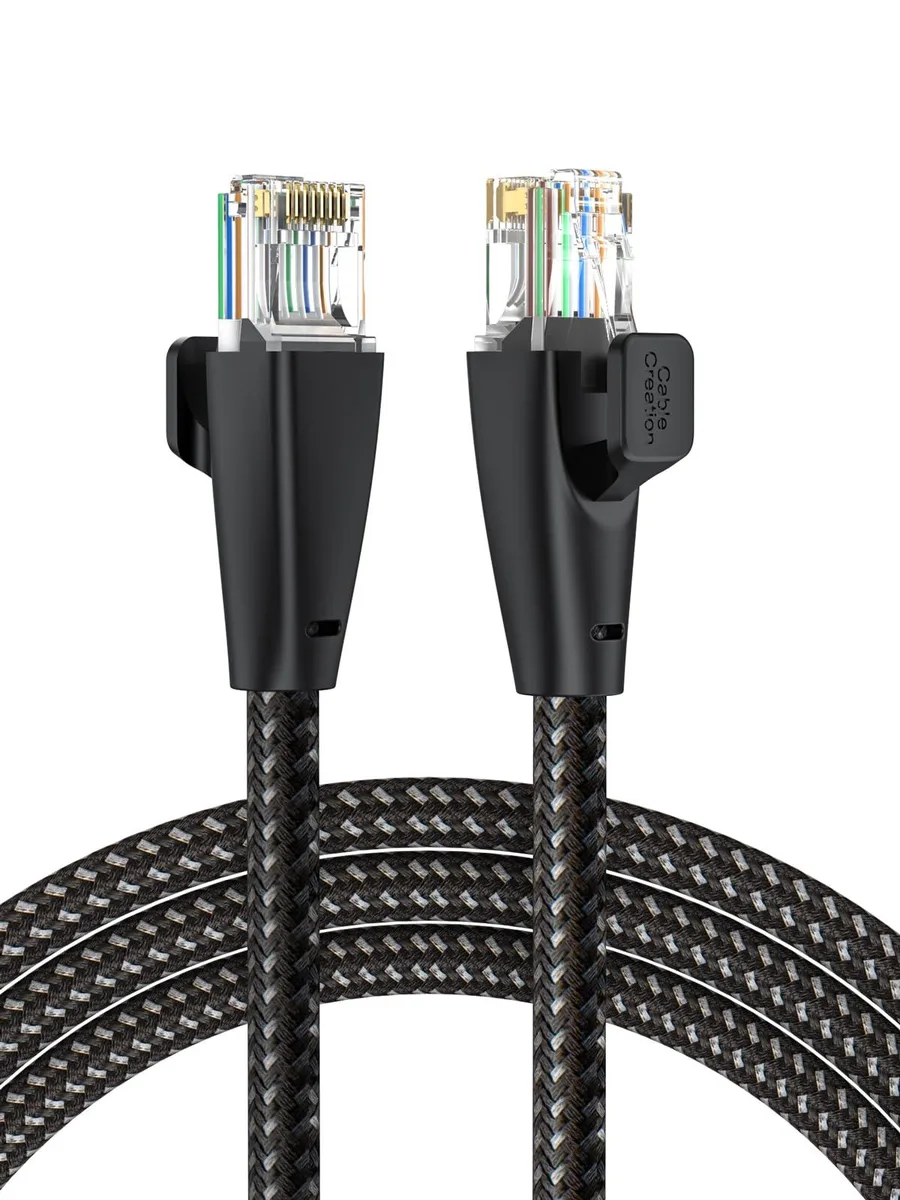 Black braided Cat 6 Ethernet cable with RJ45 connectors, 6.6 ft
