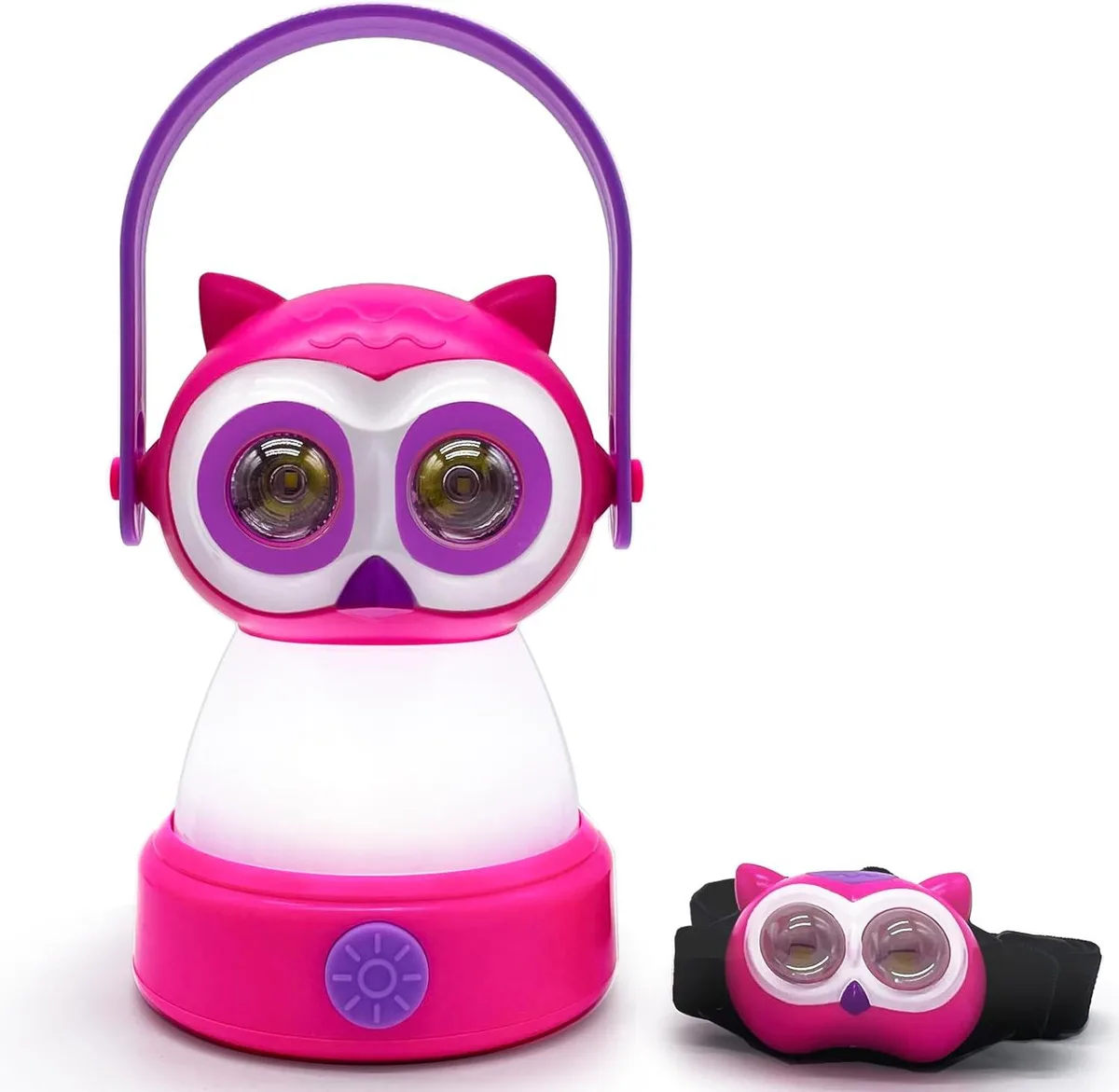 Owl-shaped lantern with headlamp, 360-degree body light and eye beams, carry handle