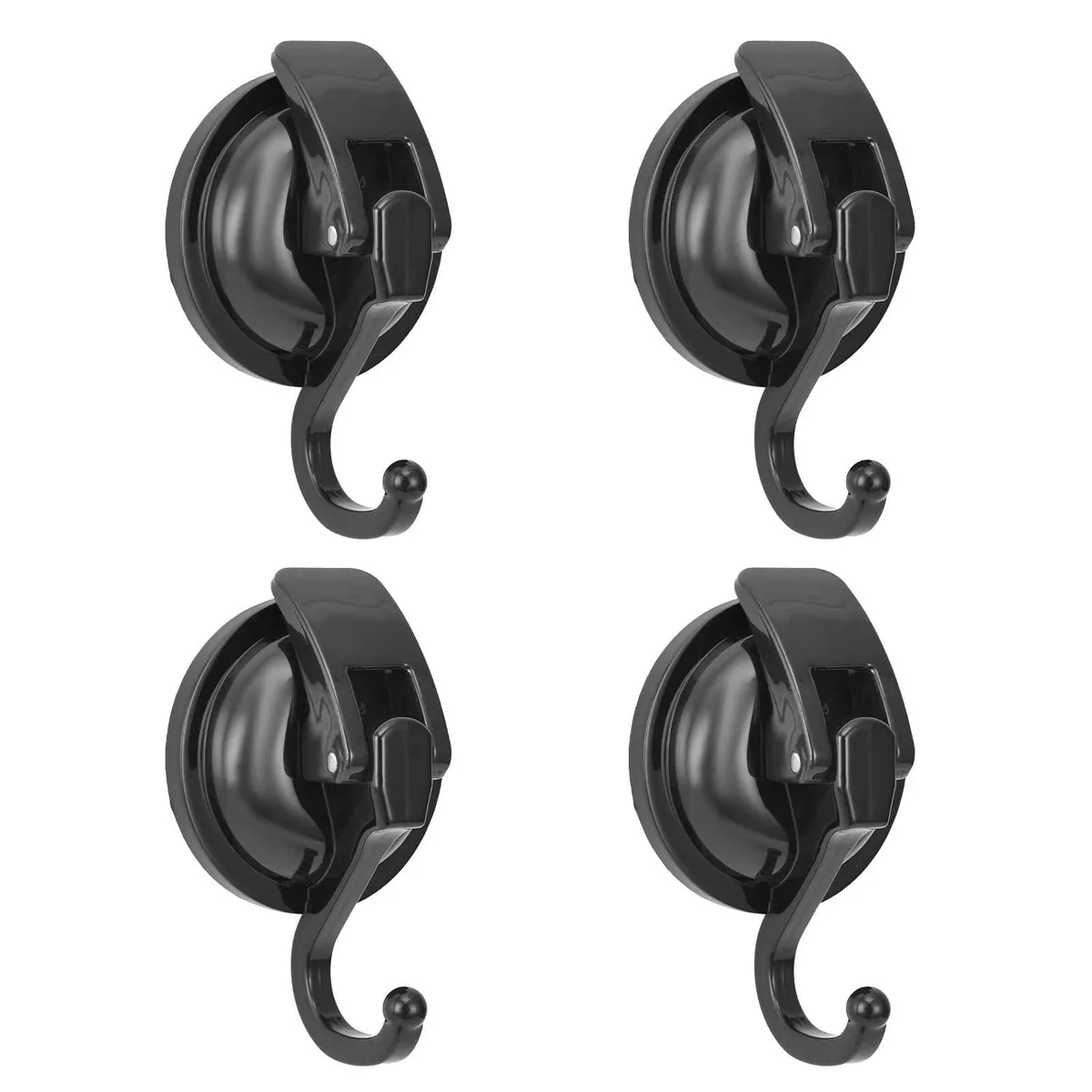 Four black-plated suction cup hooks with lever handles