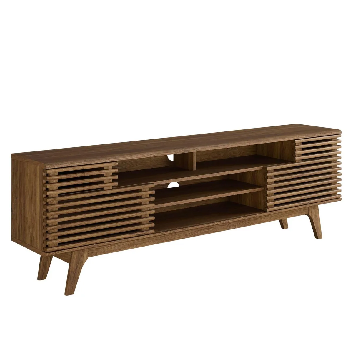 Low walnut media console, 71 inches wide, slatted sliding doors, tapered legs