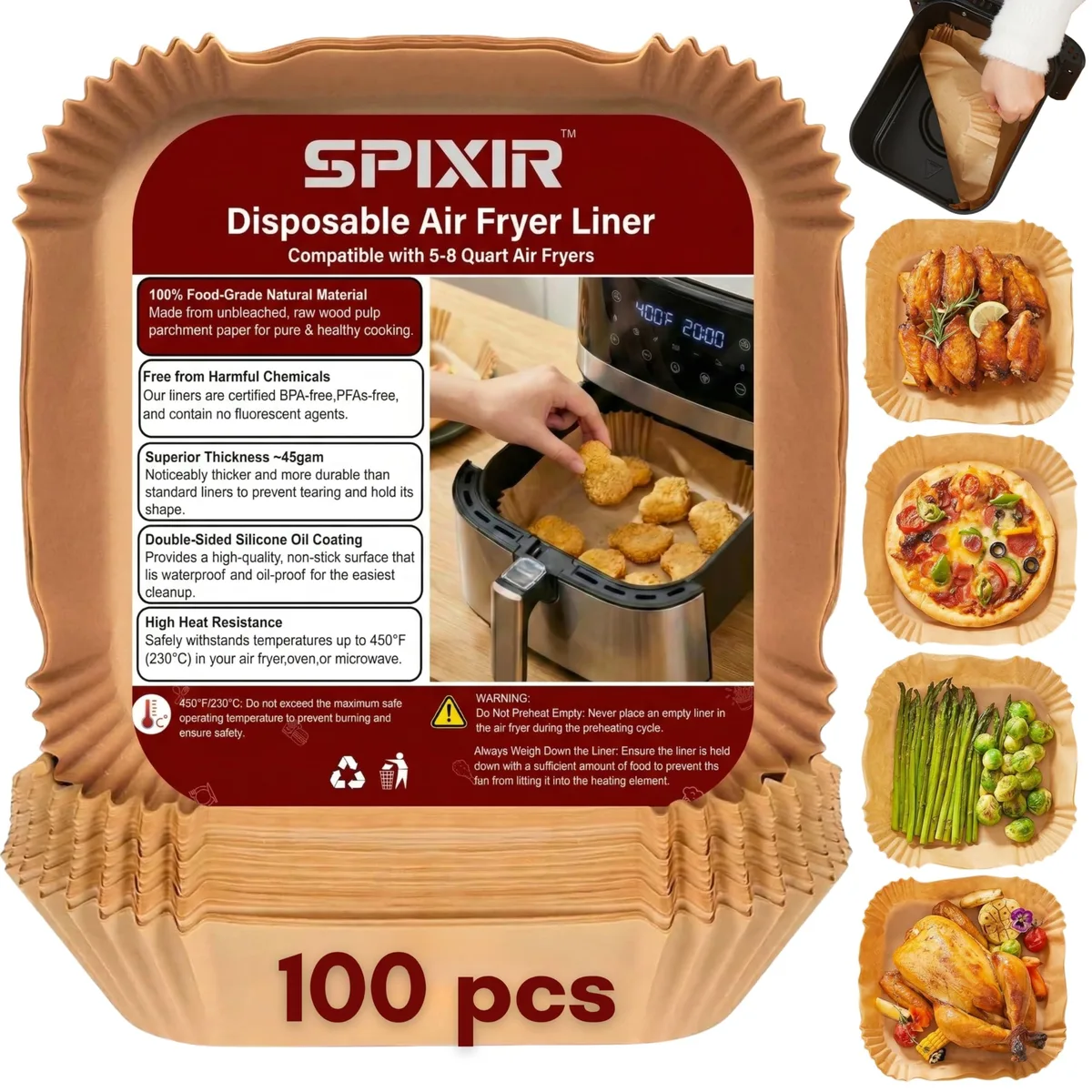  spixir AF-01 Air Fryer Paper Liners 100 Sheets 8" Square 45gsm Brown — product photo