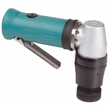 Dynabrade 58037 right-angle pneumatic sander, compact silver body, palm grip, front exhaust