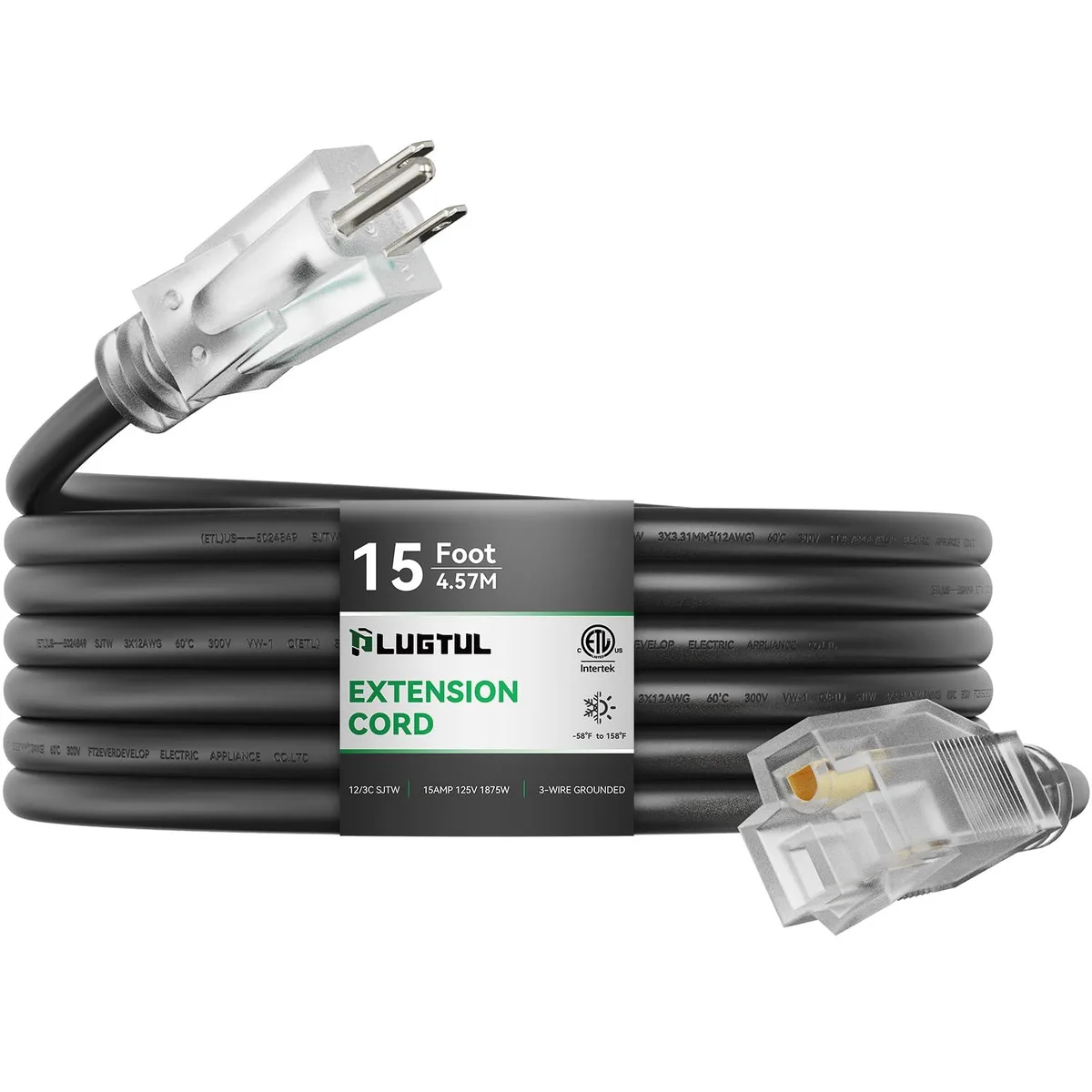  PLUGTUL 12 Gauge Outdoor Extension Cord 15FT Lighted End Black — product photo