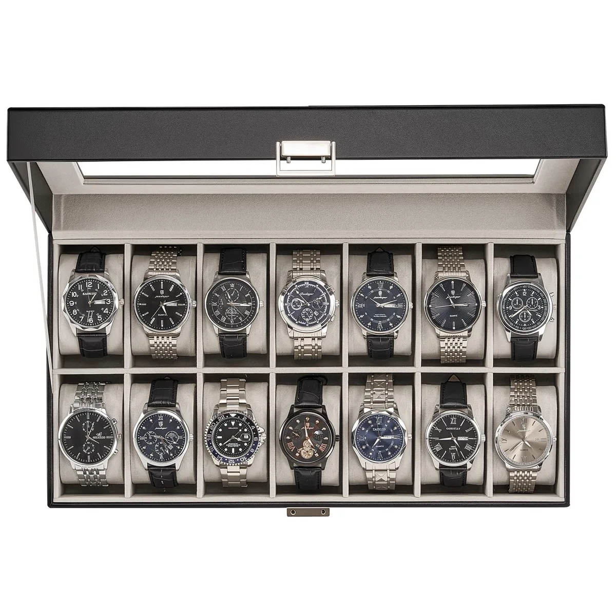 Black rectangular watch case with glass lid and velvet interior holding fourteen watches