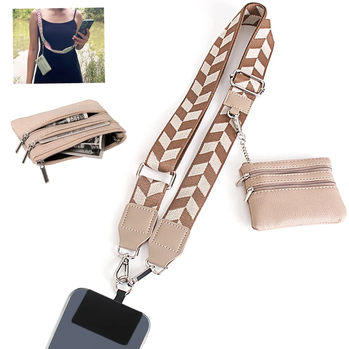 Khaki crossbody phone strap with detachable zippered wallet pouch and metal ring buckle