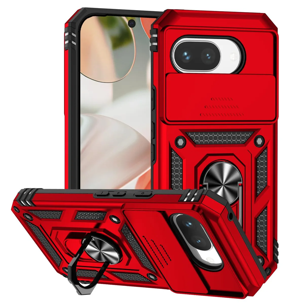 Red matte kickstand case for Google Pixel 9a with hybrid TPU frame and hard back