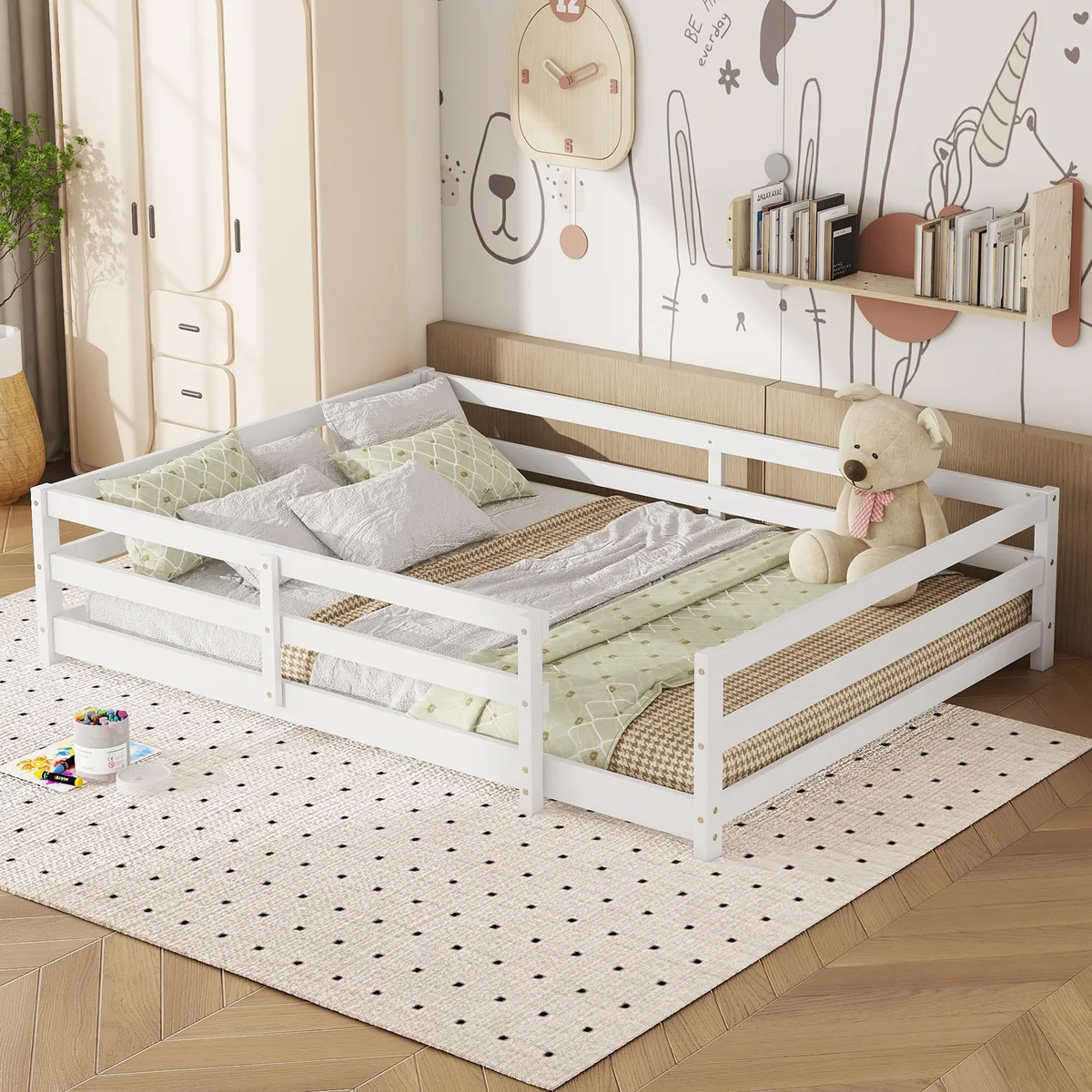 White wooden full-size floor bed with tall guardrails