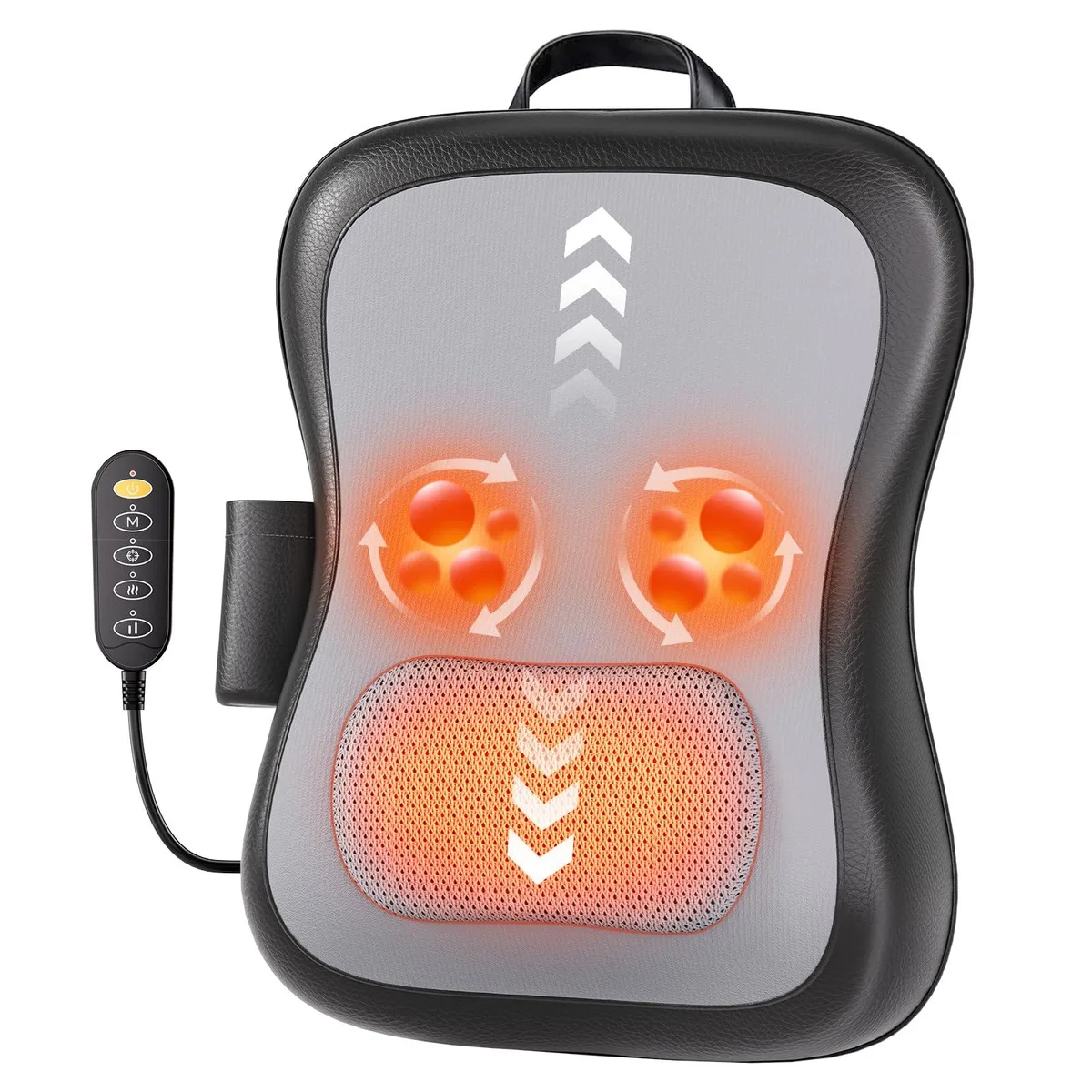 Gray faux-leather shiatsu seat pad with rolling nodes, heat, remote, chair strap, 13.7x5.5x16.5 inches, 5 pounds