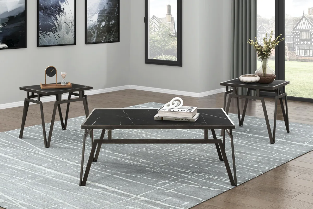 Three black occasional tables with sintered stone tops and metal bases