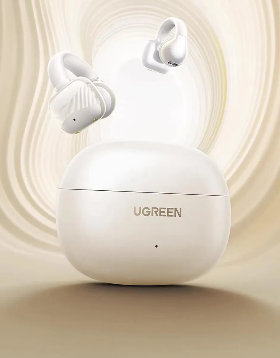 White ear-clip Bluetooth headset WS209 with charging case