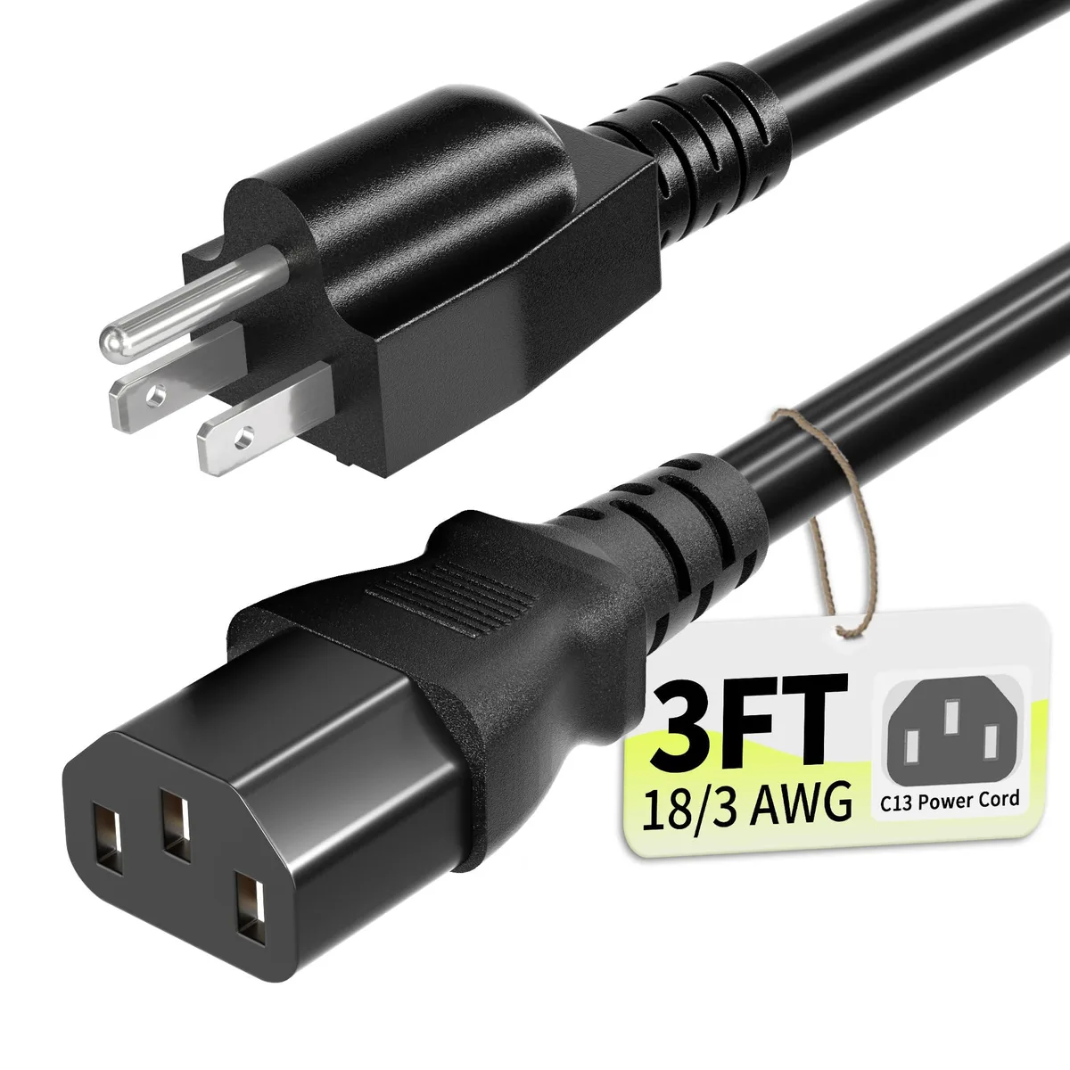  Vockjour 3ft 18AWG 3-Prong Power Cord NEMA 5-15P to C13 10A 125V ETL — product photo