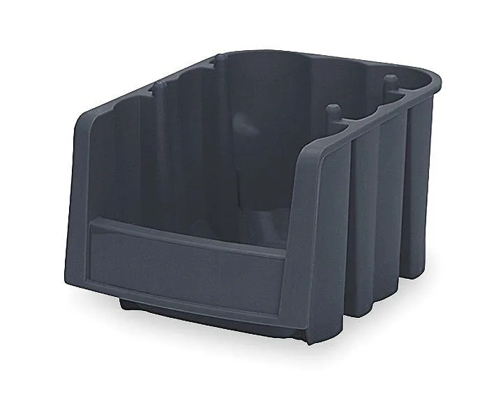 Black plastic hang-and-stack storage bin with front label area
