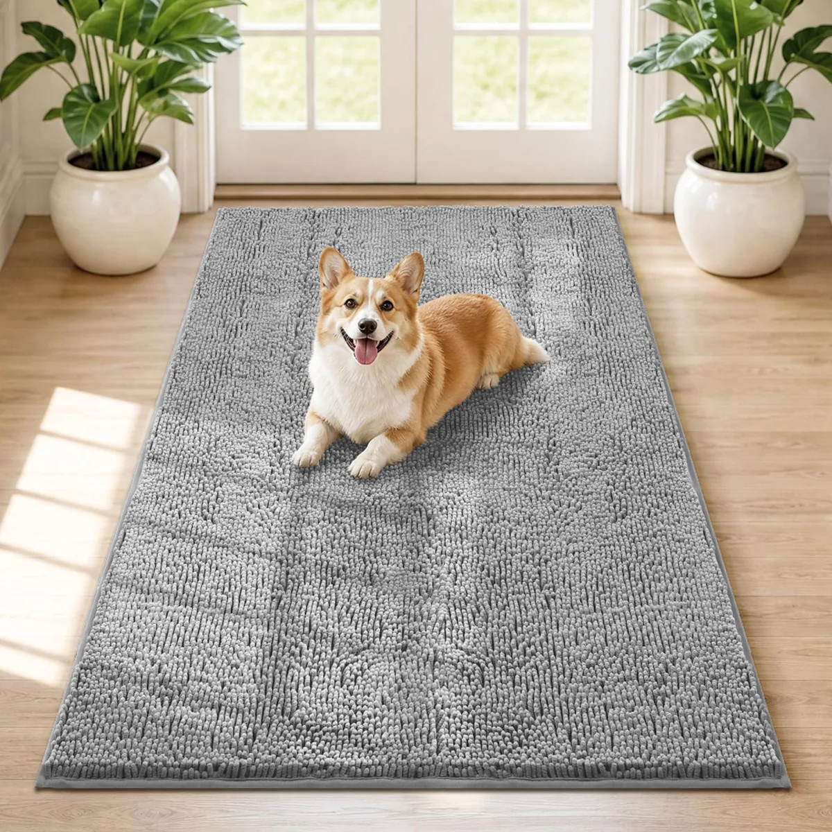 Rectangular light-grey chenille door mat 36 by 60 inches