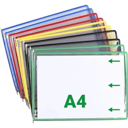 Pack of ten clear A4 landscape display pockets with coloured frames
