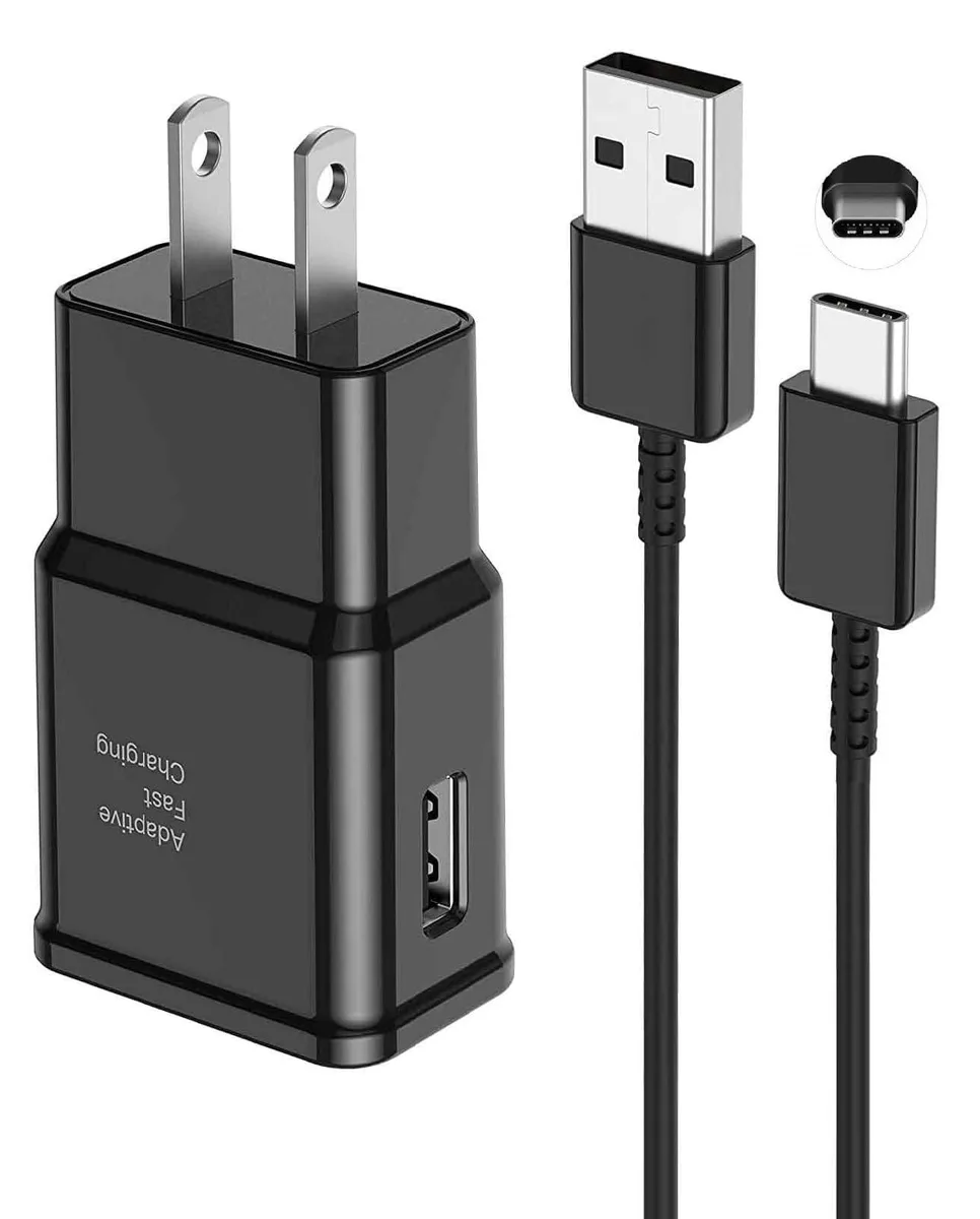 White USB-C wall charger block with matching 3.3ft cable, compact rectangular form, matte finish
