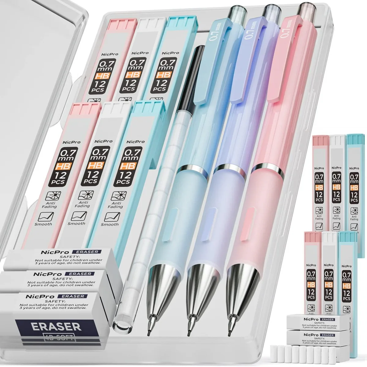 Three pastel mechanical pencils in blue pink violet with plastic case