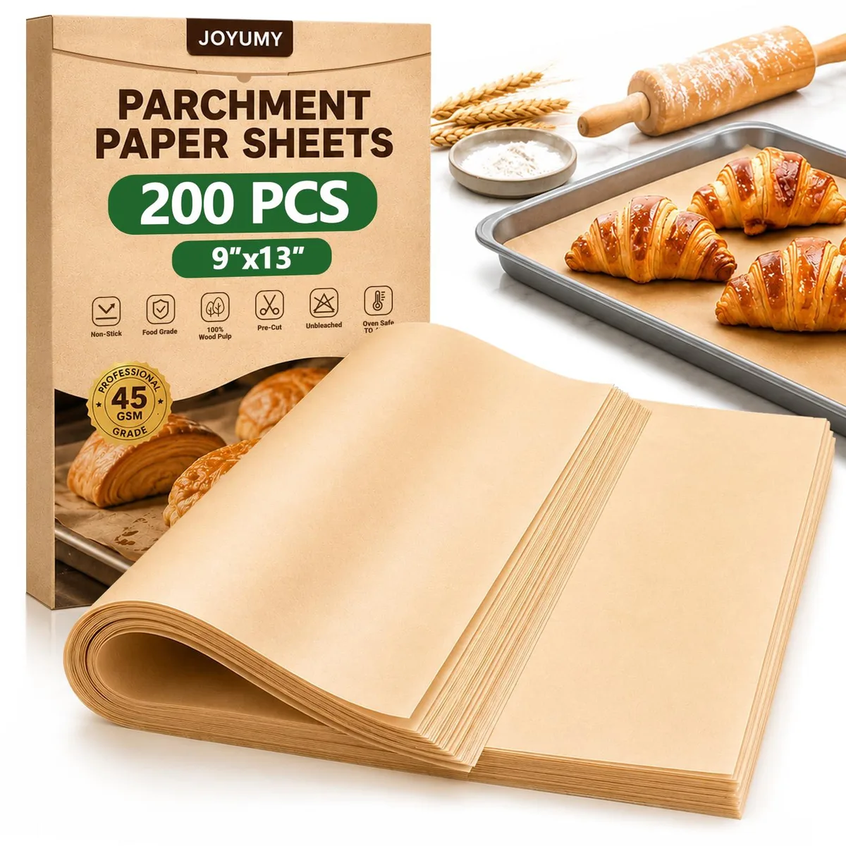 A stack of two hundred unbleached parchment sheets, each nine by thirteen inches, light brown and flat