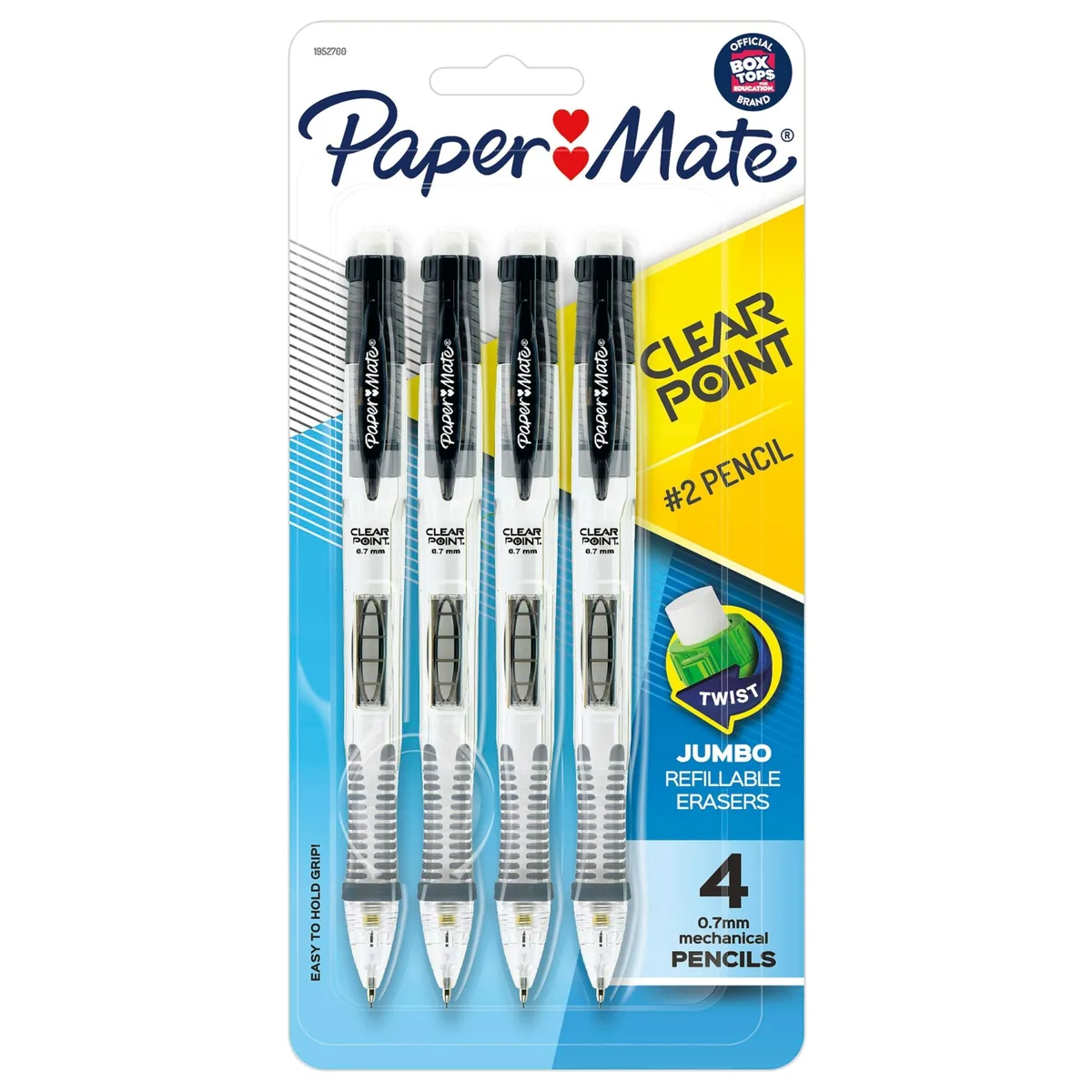 Four black mechanical pencils with clear barrels and soft grips