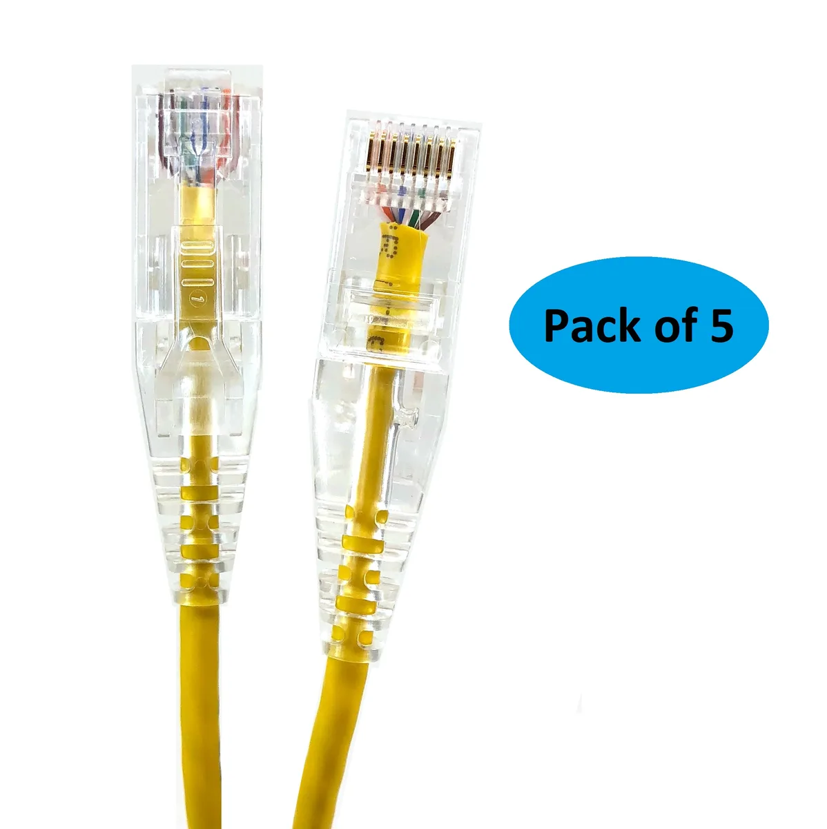 Micro Connectors Micro Connectors Ultra Slim CAT 6 UTP RJ45 Patch Cable 7 ft Yellow 28AWG 3.0 mm Pack of 5 — product photo