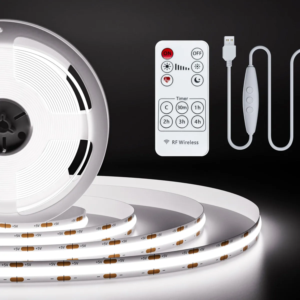 Flexible 6.56ft COB LED strip on reel, plastic finish, USB powered