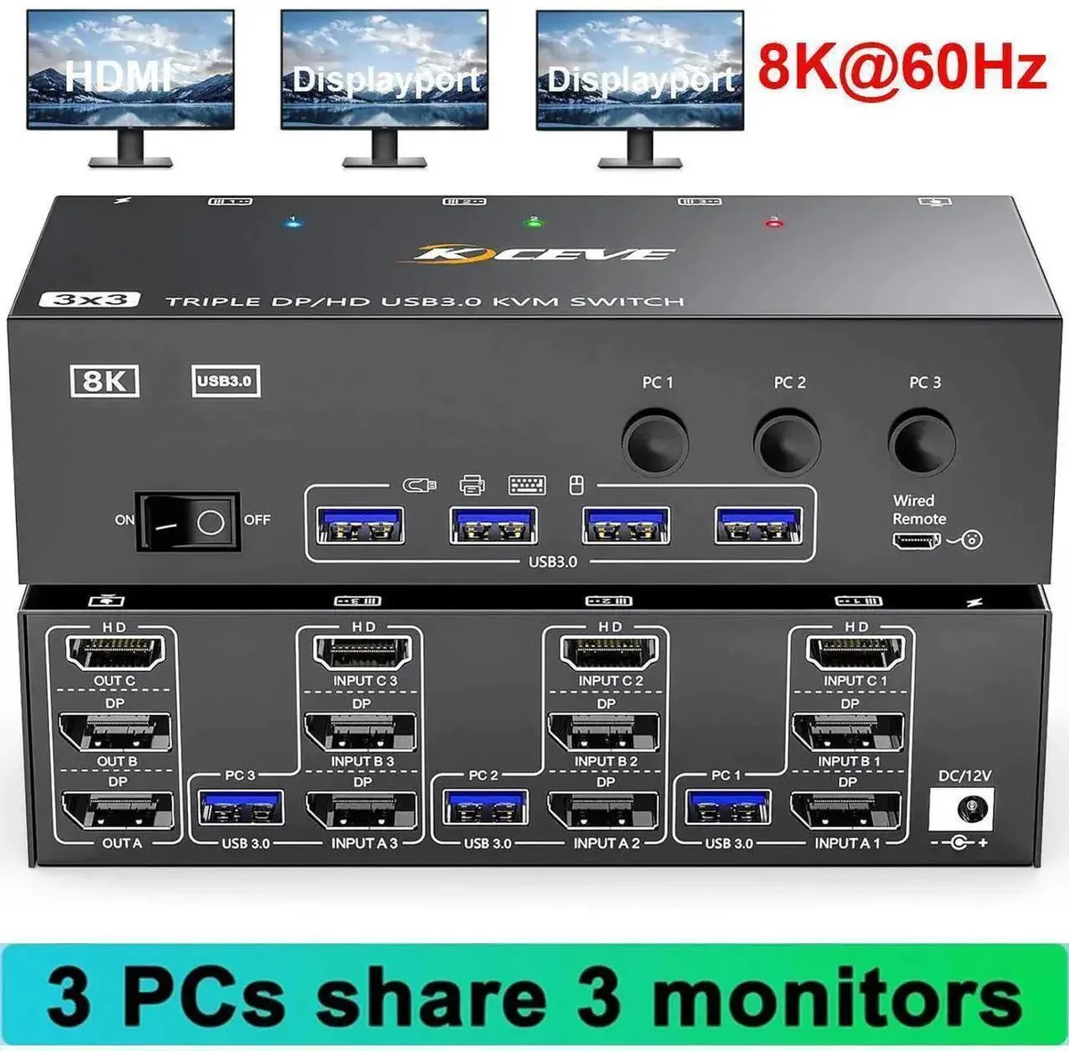 Vszerda Vszerda 3-Monitor 3-PC KVM Switch 8K60Hz 1HDMI 2DP USB 3.0 4-Port Wired Remote — product photo