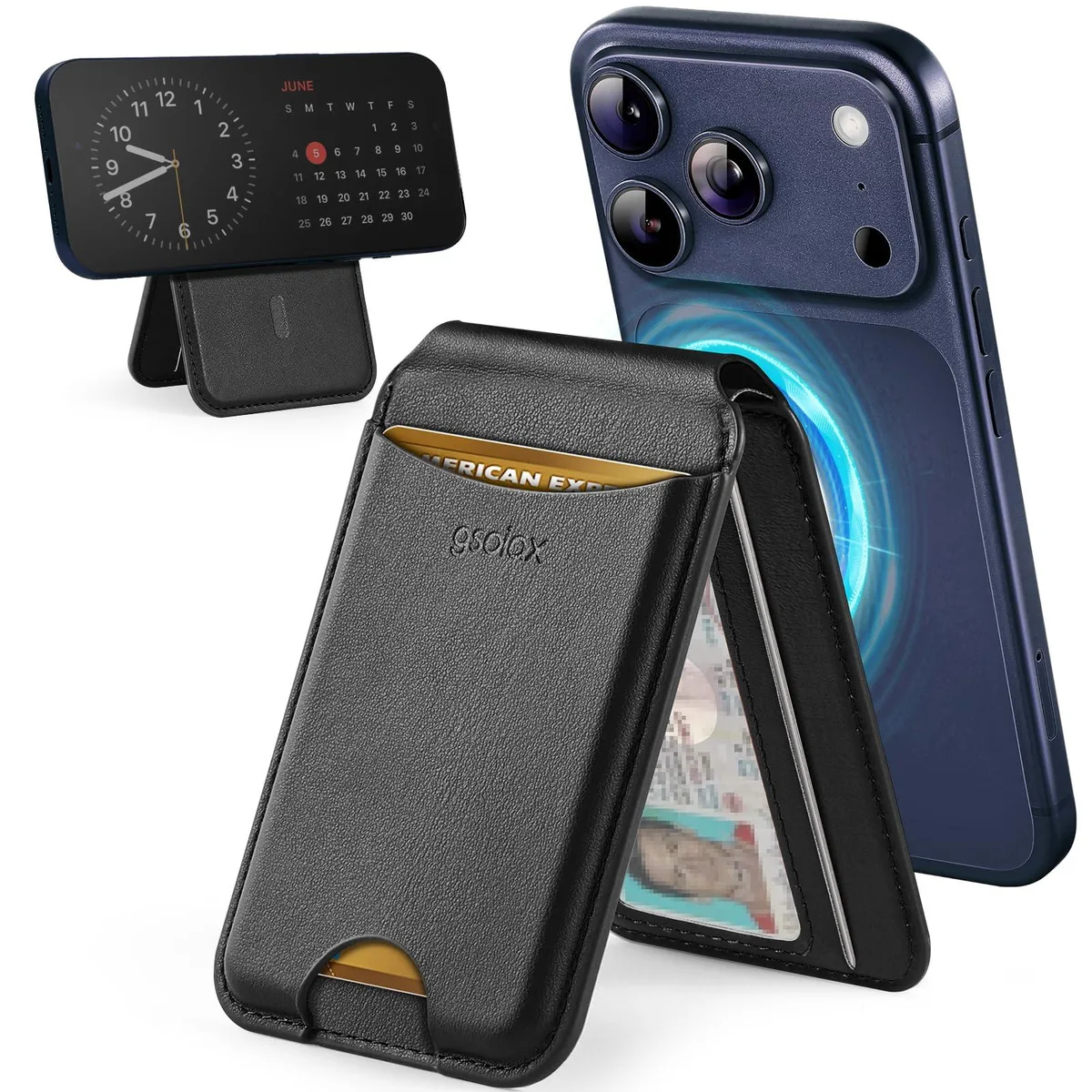 GSOIAX Mkb010 Magnetic Wallet Stand Leather Black 4.02x2.6x.4in 180° iPhone 12-17 — product photo