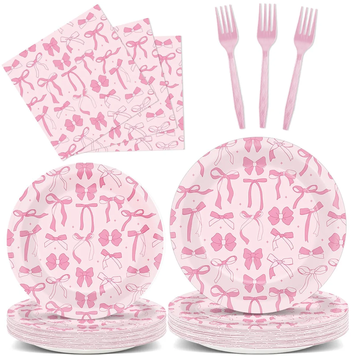 White ceramic dinner plates and pink dessert plates with bow design, paper napkins and pink forks arranged for 24 place settings