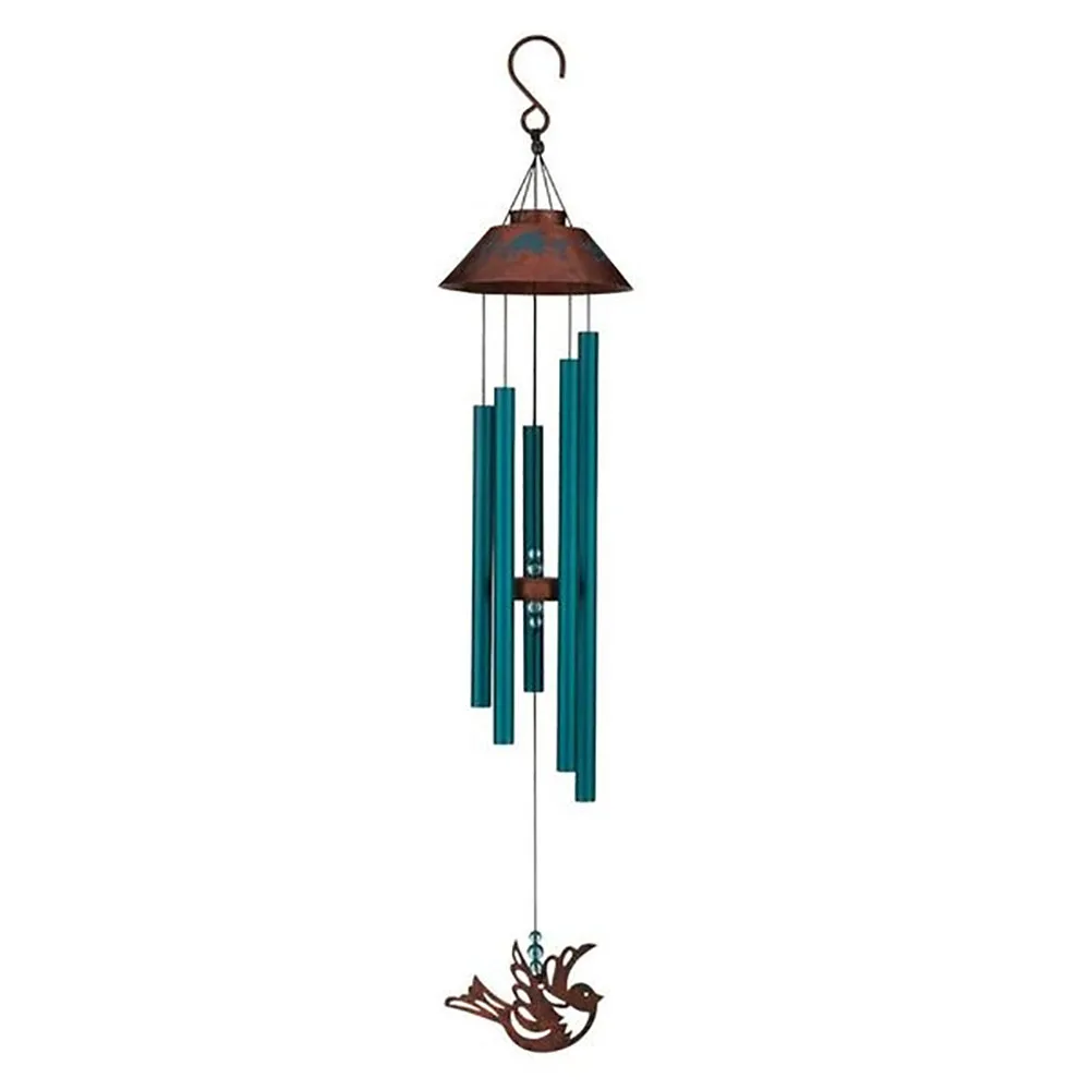 A 40 inch wind chime with turquoise tubes and copper canopy stenciled with birds