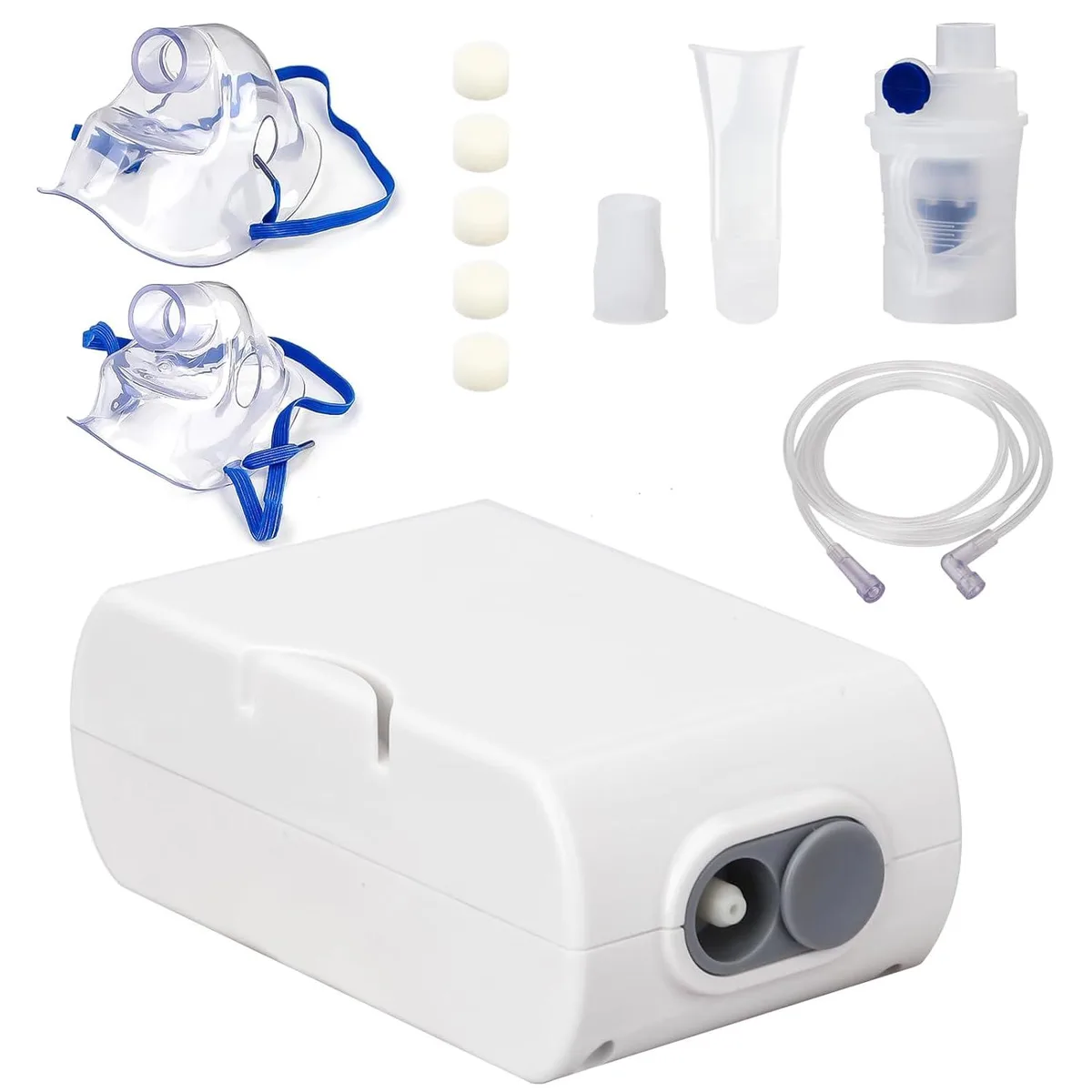 Compact white medical nebulizer with medicine cup, tubing, masks and mouthpiece visible