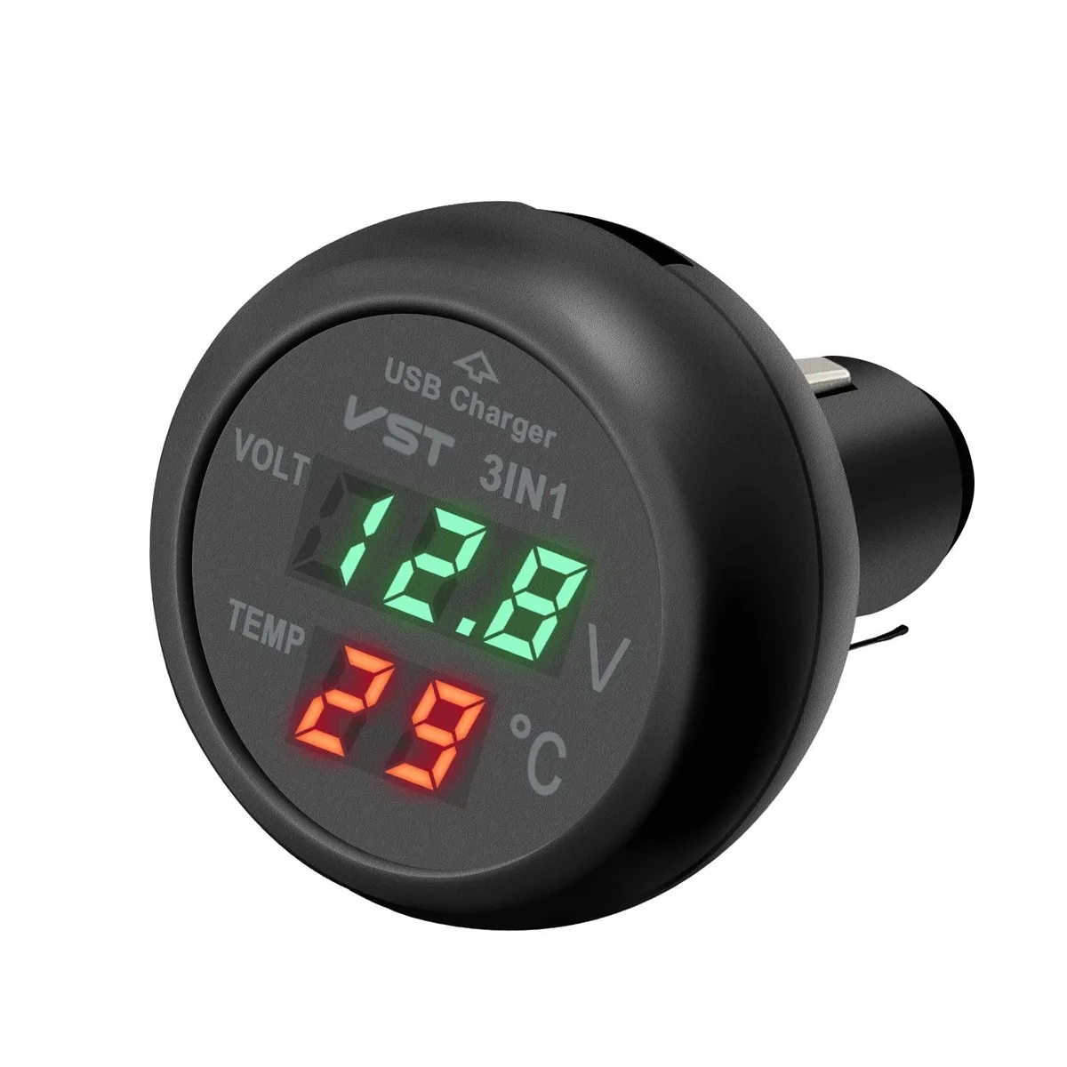 Compact 12V/24V car gauge with LCD display, USB port and flexible temperature probe