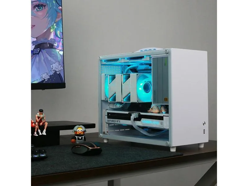 Compact white micro ATX case with tempered glass side panel, 35 by 16 by 29.5 cm