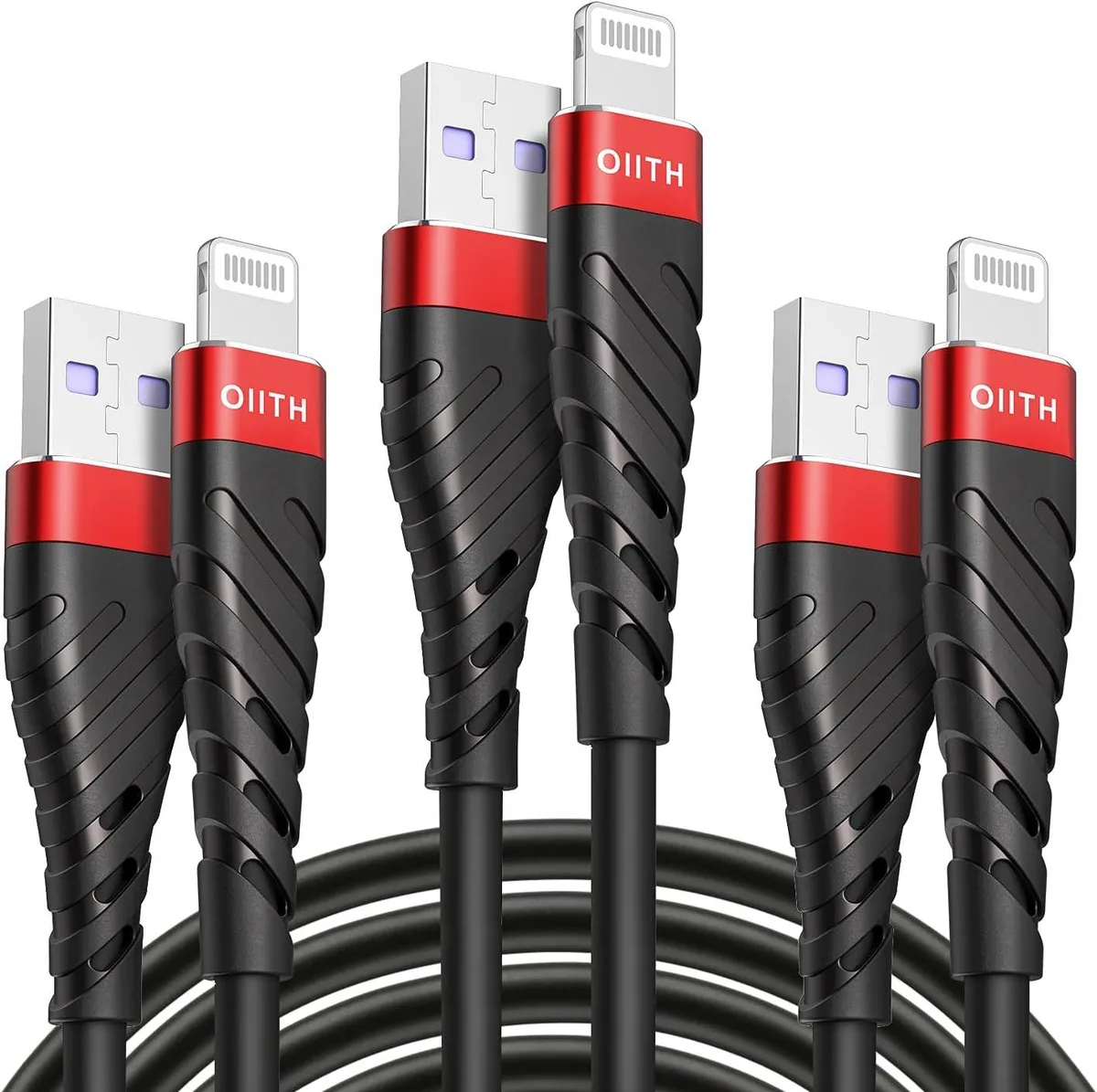 Three white Lightning cables with USB-A connectors coiled together