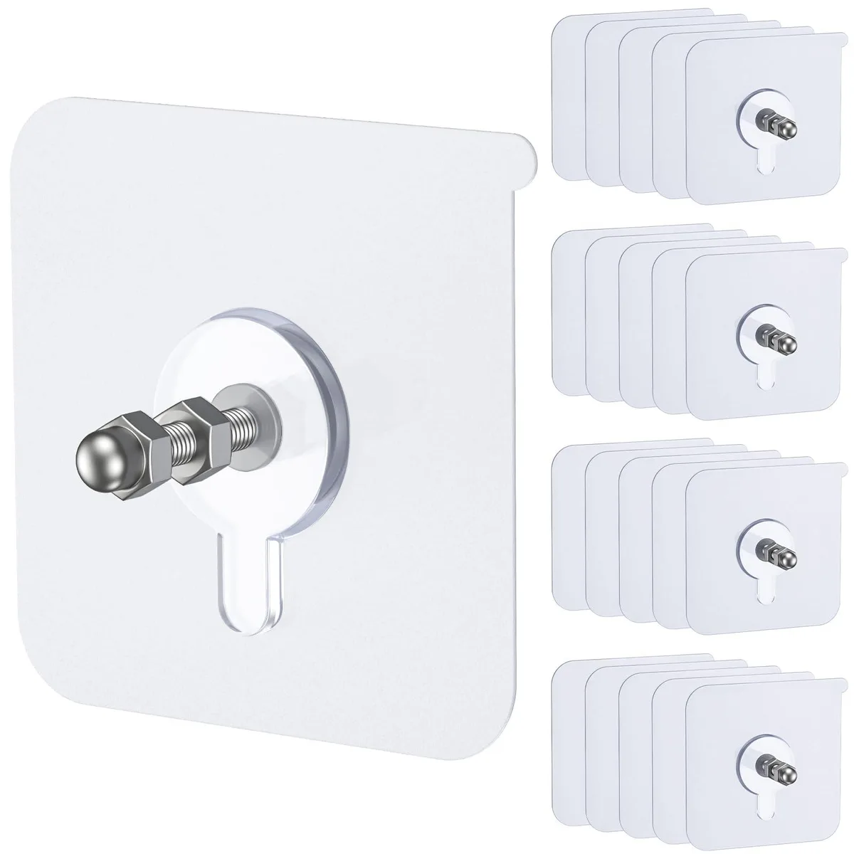 Twenty white adhesive hooks with removable metal pegs on a flat surface