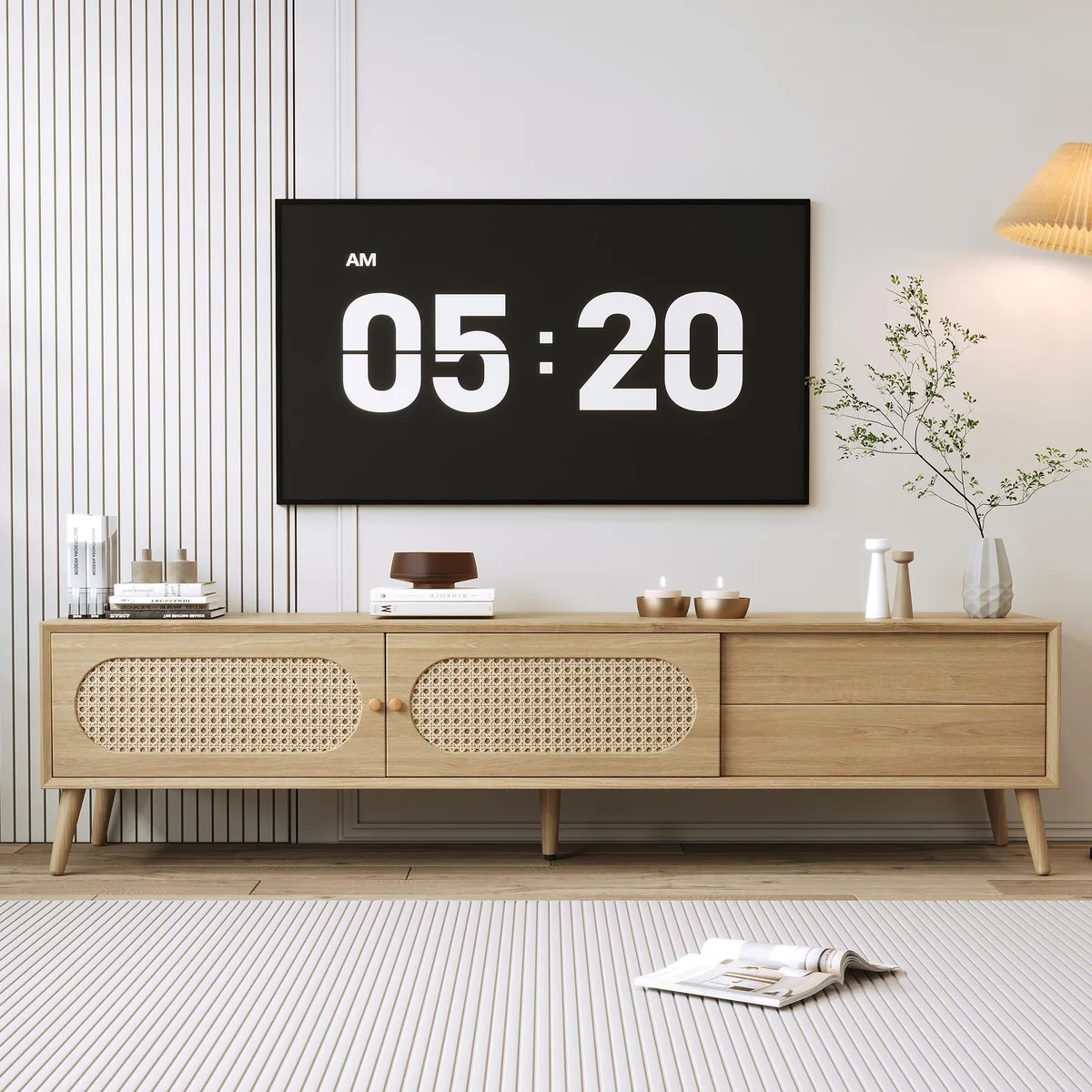tuphen tuphen Boho TV Stand 80'' Natural Rattan Solid Wood Legs 70.8x15.7x17.7in — product photo