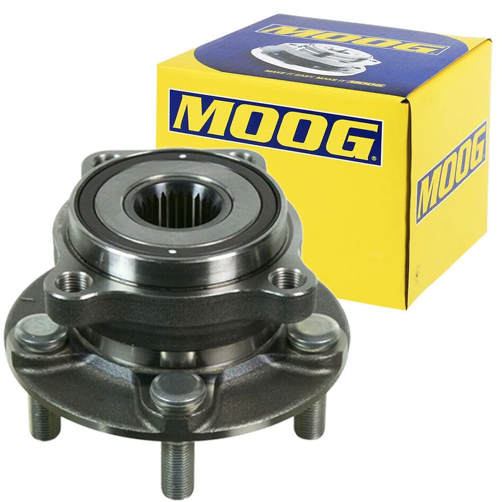 Black front wheel hub bearing assembly with five lug holes and four-bolt square flange