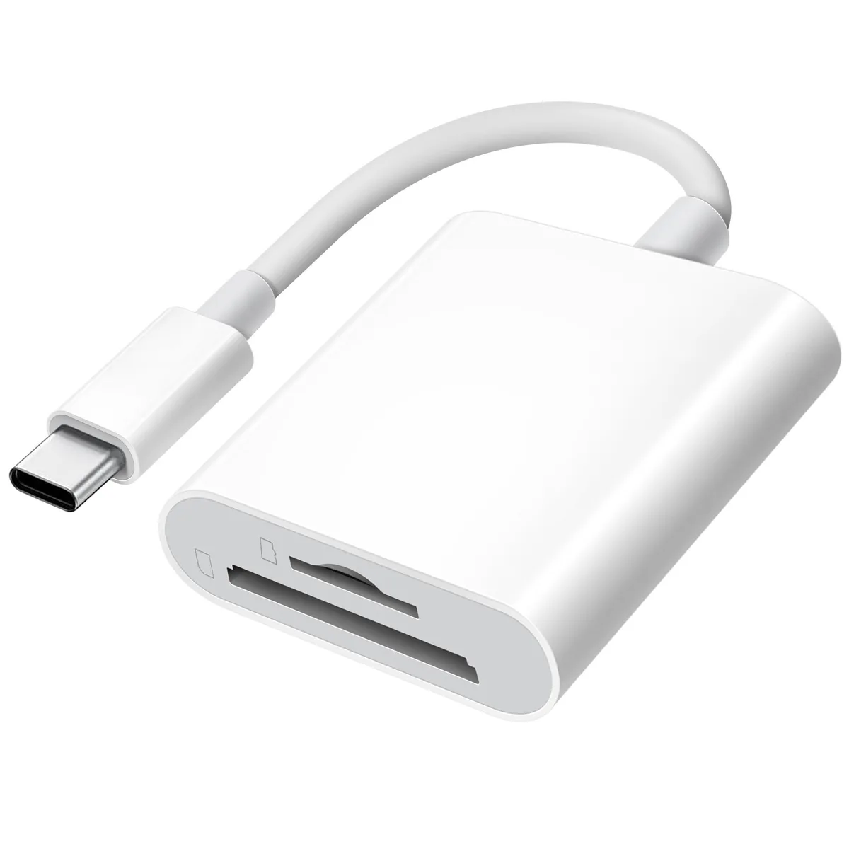 Small rectangular USB-C card reader with dual slots, matte black finish
