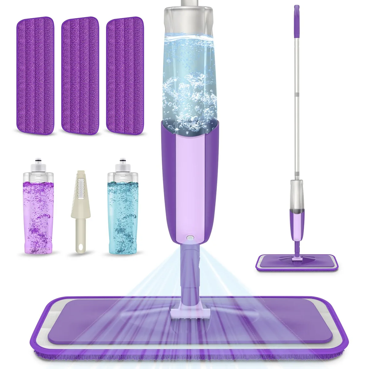 White microfiber spray mop with aluminum pole, two 410ml refillable bottles and three washable pads