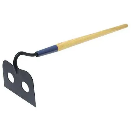 Perforated mortar hoe with carbon steel blade and long wooden handle