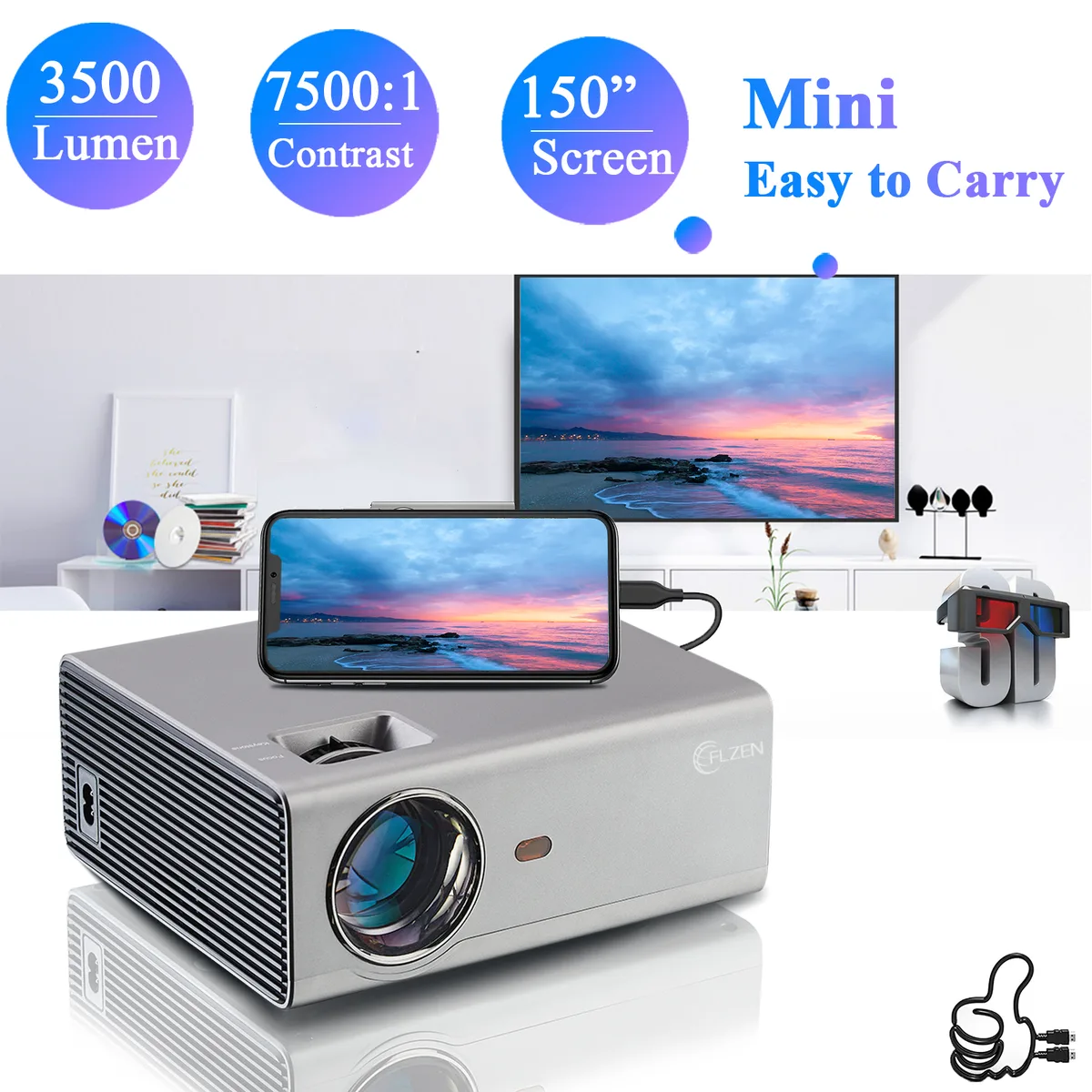 FLZEN FLZEN FLZEN-M1 720p native 3500 lumens home theater projector — product photo