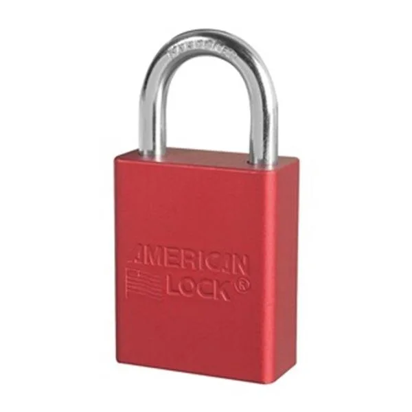 Twelve red anodised aluminium safety padlocks with steel shackles keyed alike